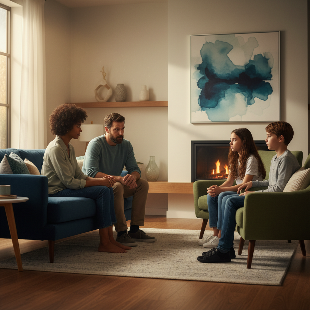 A family sitting together in a cozy living room, engaged in a serious but supportive conversation with soft lighting and a wa