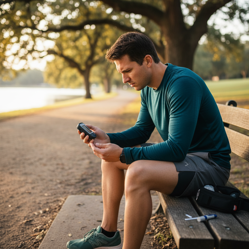 a person looking frustrated while checking a glucose monitor after a run