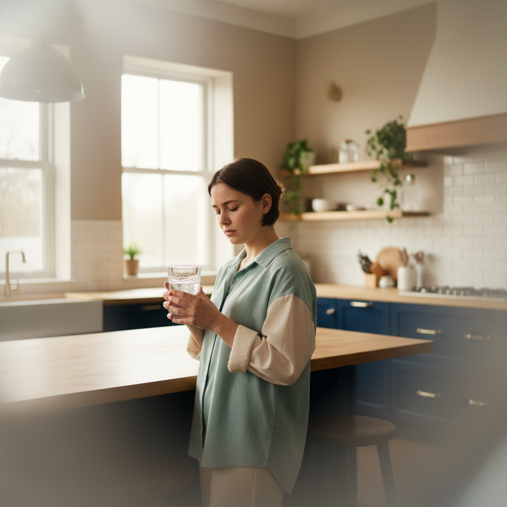a person standing in a bright kitchen, looking slightly dazed while holding a glass of water, with a soft blur around the edg