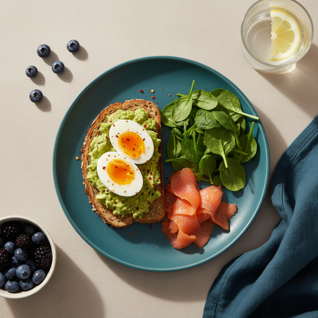 a vibrant, overhead shot of a balanced breakfast plate featuring a piece of whole-grain toast topped with smashed avocado, a 