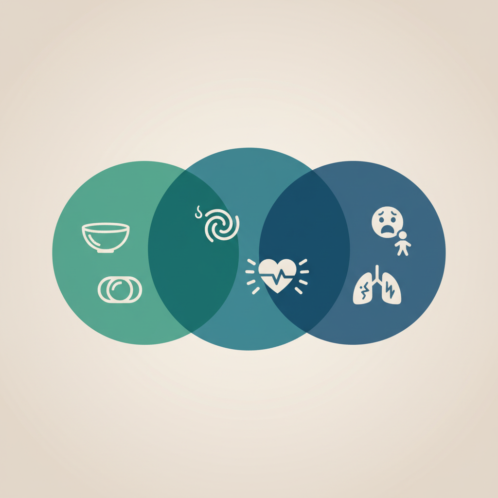 An infographic chart comparing symptoms: overlapping symptoms in the middle (sweating, racing heart), hypoglycemia-specific o