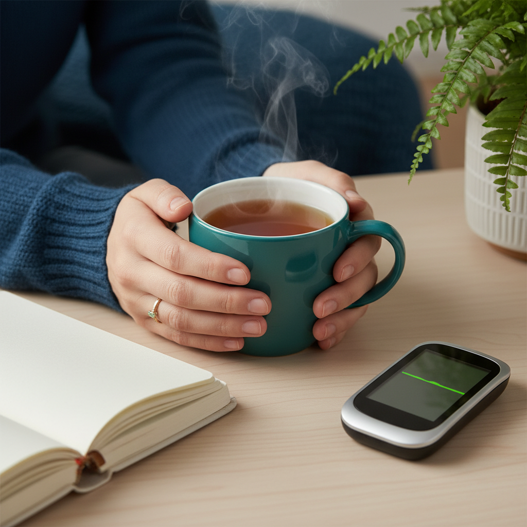 A close-up of a person’s hands holding a warm mug of tea and a journal, with a digital glucose monitor nearby showing a stead