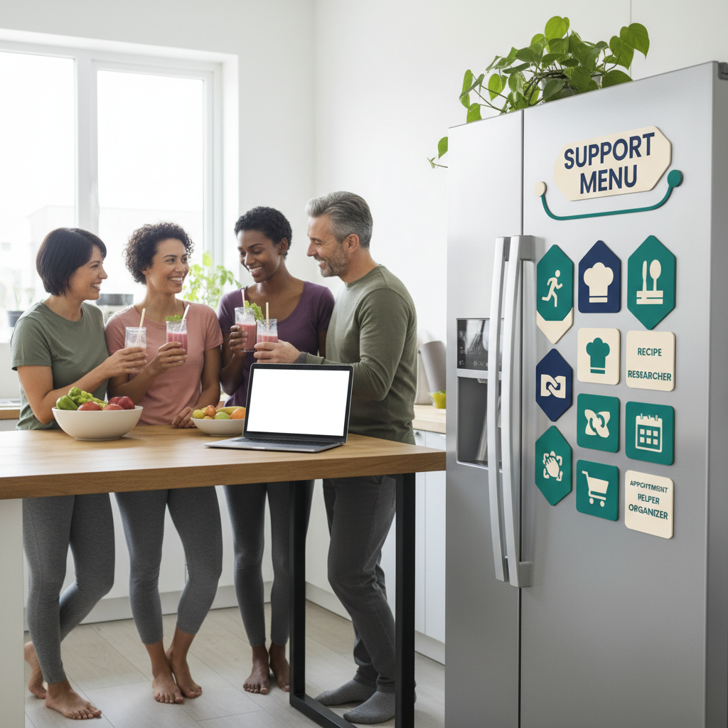 A colorful infographic style 'Support Menu' on a kitchen fridge with categories like 'Exercise Buddy' and 'Recipe Researcher'