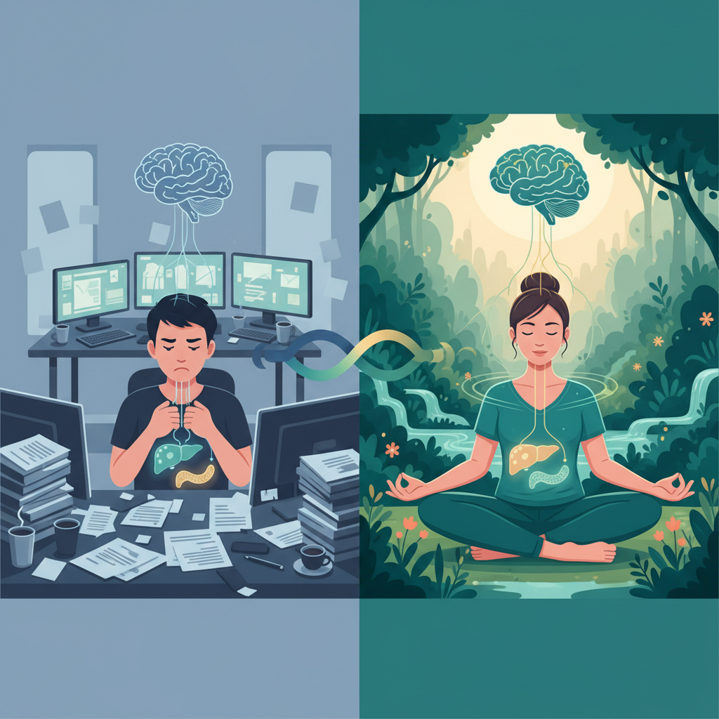 A split-screen illustration showing a stressed person in a chaotic office environment next to a calm person practicing deep b