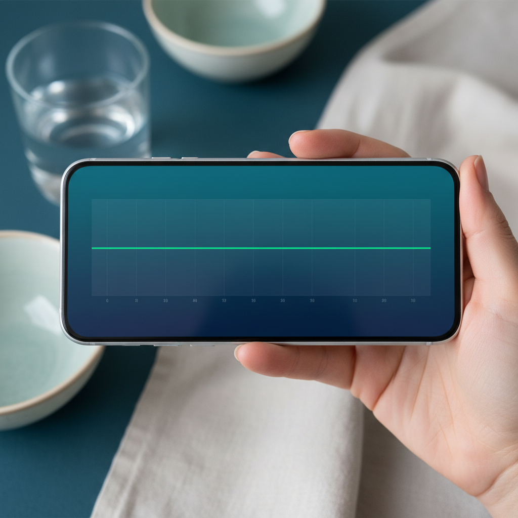 A close-up of a hand holding a modern smartphone displaying a continuous glucose monitor graph with a steady green line.