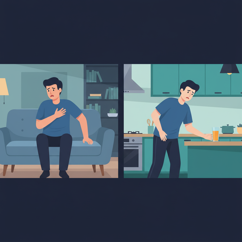 A split-screen illustration: on one side, a person sitting on a sofa looking anxious with a hand on their chest; on the other