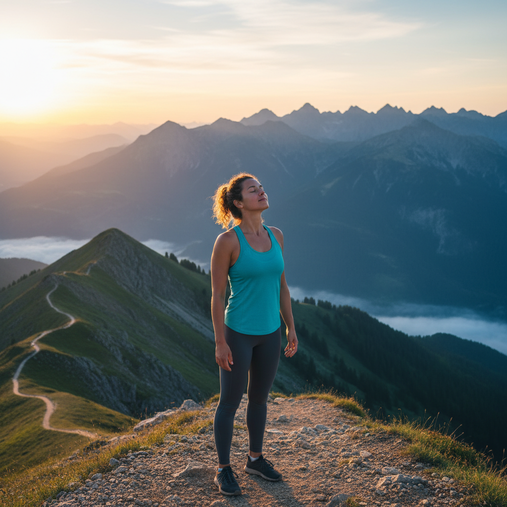 a person standing on a mountain trail at sunrise, taking a deep, peaceful breath with their eyes closed, symbolizing total he