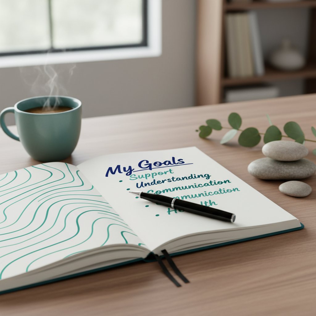 A notebook on a wooden desk with a pen, showing a handwritten list titled 'My Goals' with bullet points like 'Support' and 'U