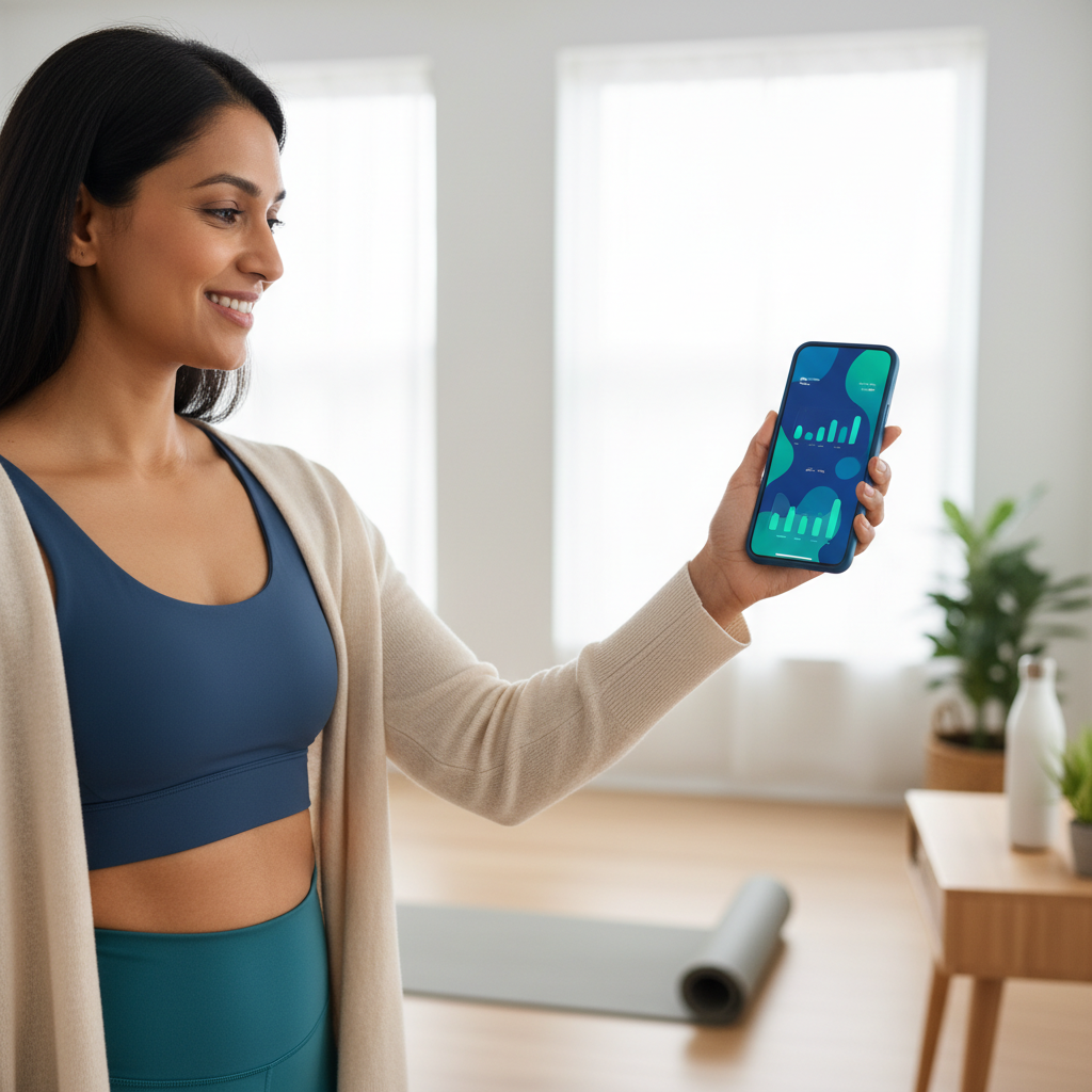 person checking blood sugar on a smartphone app with a smile