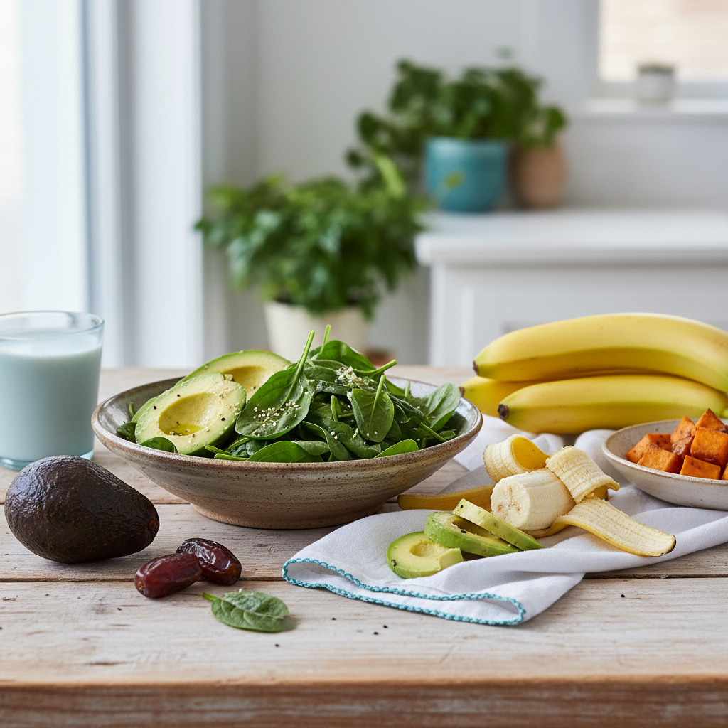 a spread of potassium rich foods like avocado spinach and bananas
