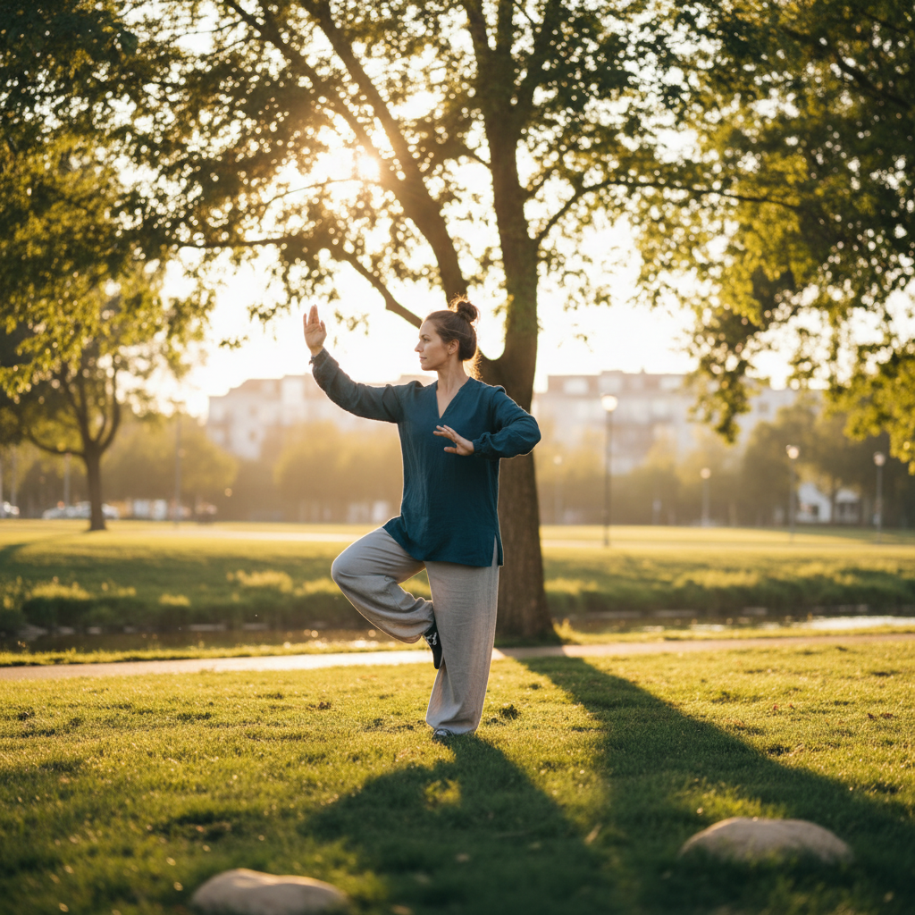 A person practicing a graceful Tai Chi pose in a park during the golden hour, with soft light filtering through the trees and