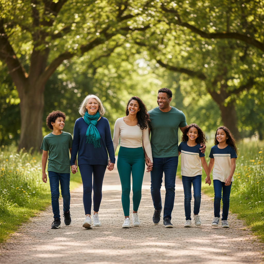 A group of diverse family members of different ages walking together on a sunny park path, laughing and looking healthy and a