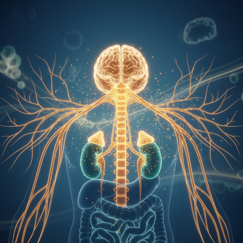 A conceptual 3D render of a human nervous system glowing with golden sparks of energy, highlighting the adrenal glands sittin