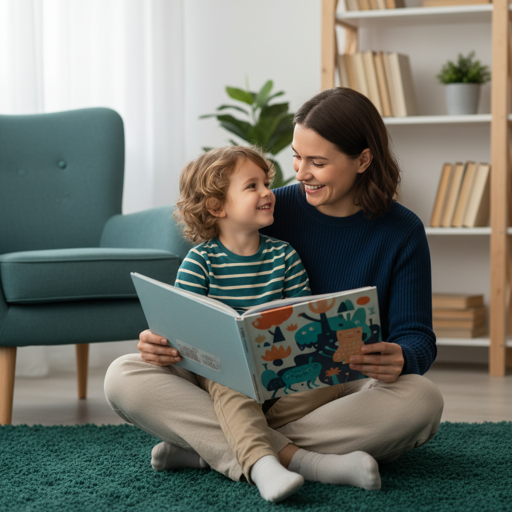 A parent sitting on the floor with a young child, reading a colorful book together and smiling, creating a sense of safety an