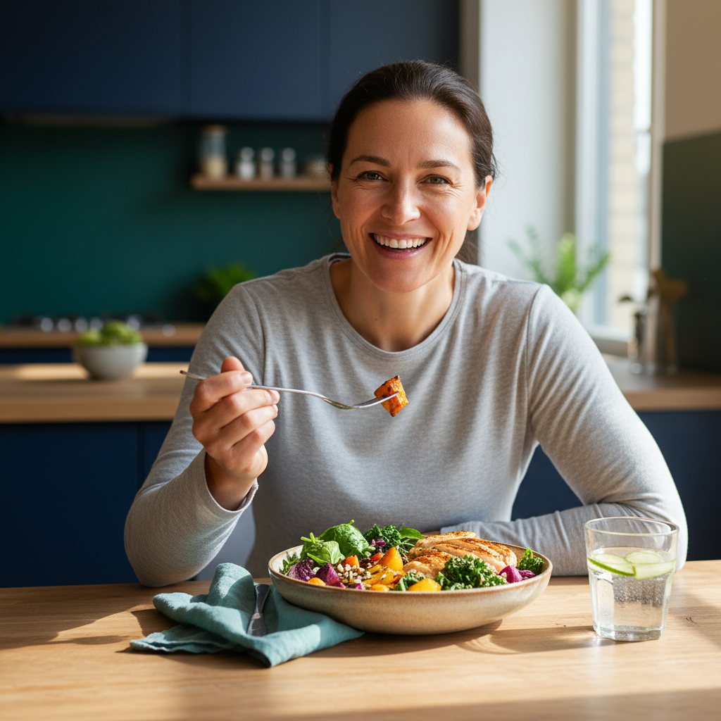 a happy person enjoying a healthy meal with a smile