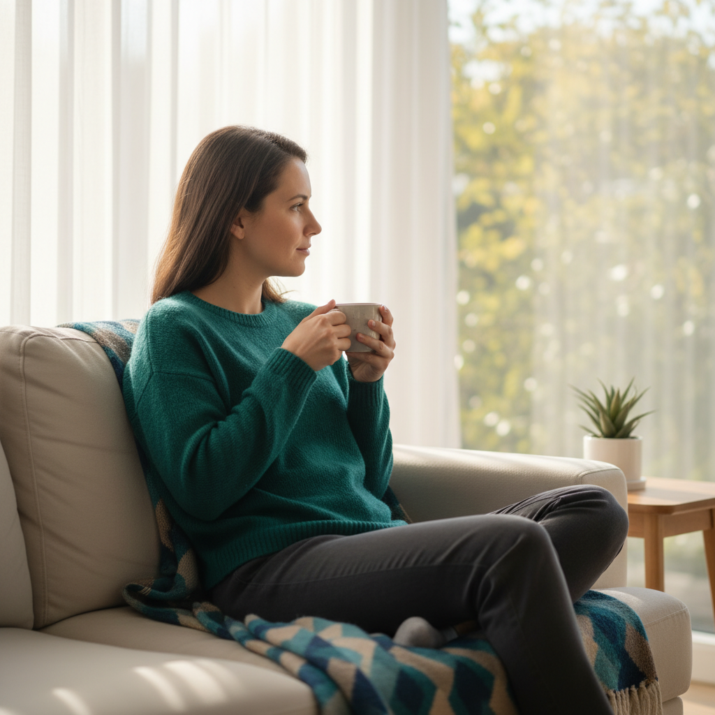 A person sitting reflectively on a sofa by a sunlit window, holding a warm cup of tea and looking thoughtful and calm