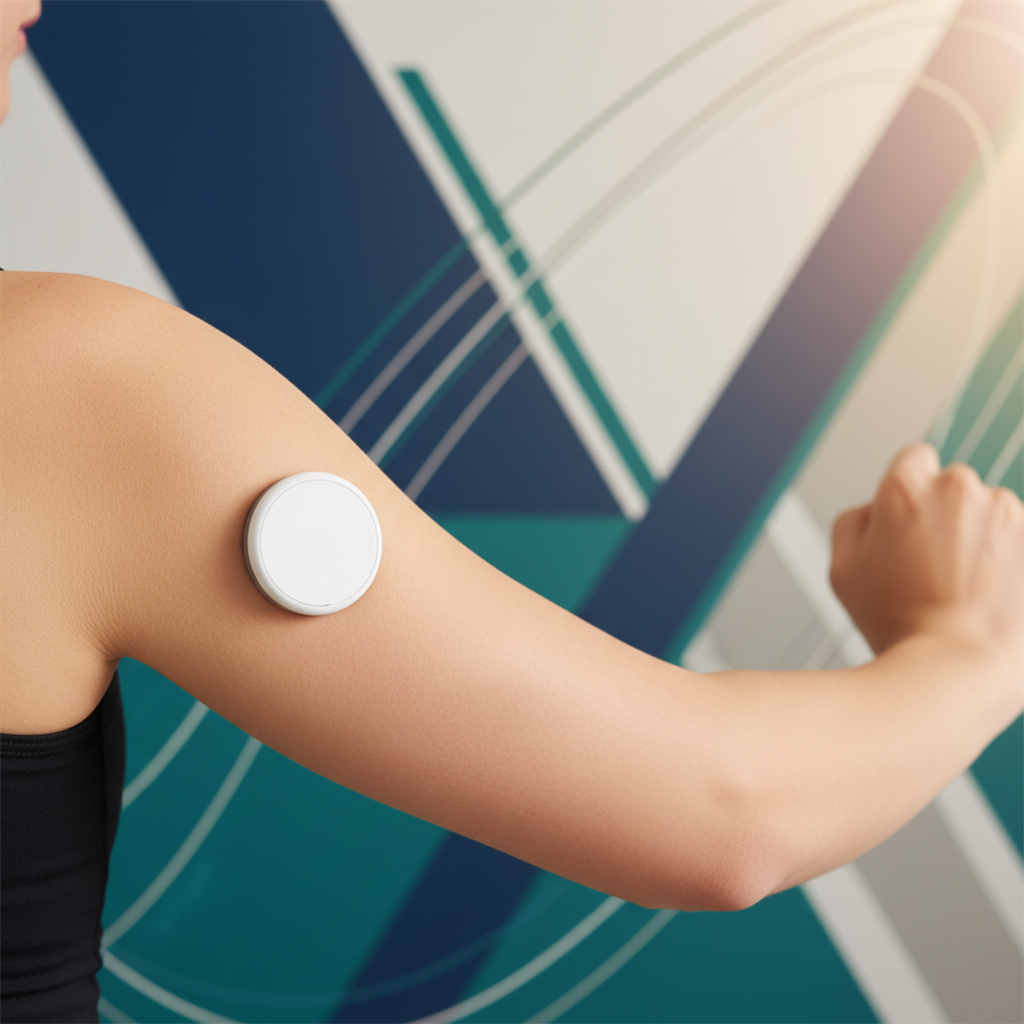 close up of a person wearing a Continuous Glucose Monitor on their arm