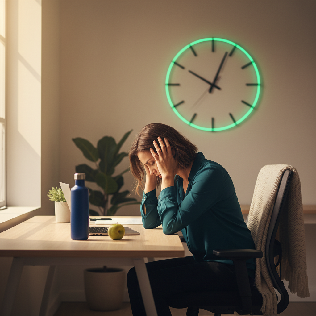 office worker sitting at a desk looking tired with a clock in the background