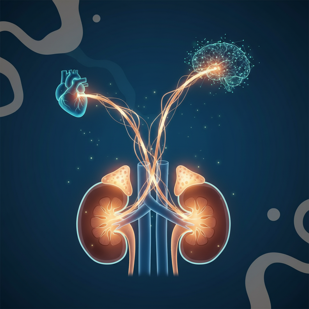 a detailed anatomical illustration showing the adrenal glands sitting atop the kidneys, glowing with a warm amber light to si