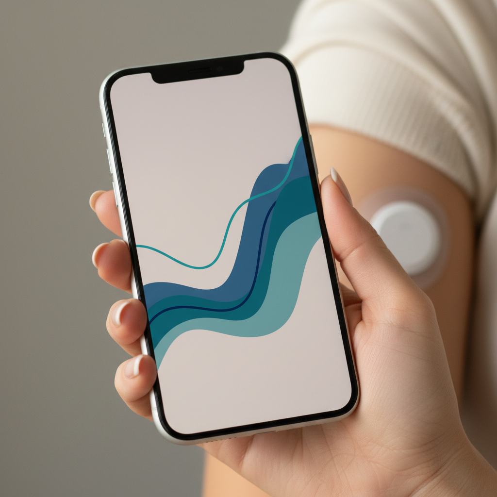 a close-up, high-quality photo of a hand holding a modern smartphone displaying a stable blood sugar graph from a CGM app, wi